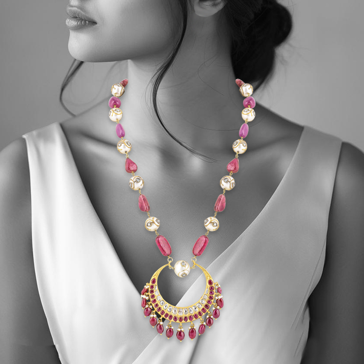 Necklace with Chandbali Polki Pendant & Jadau Southsea Beads